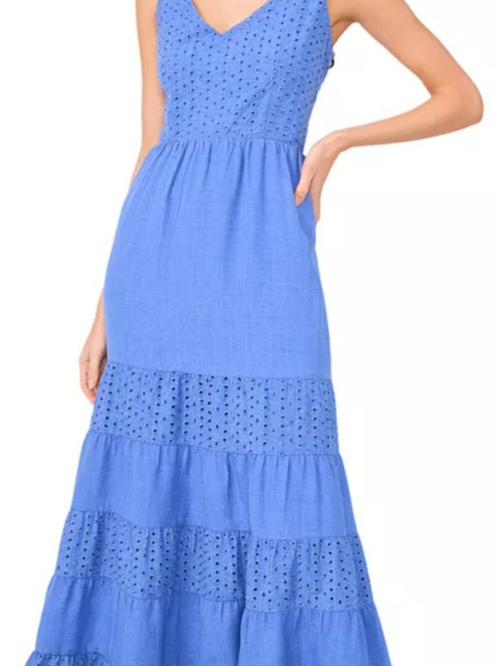 Vince Camuto Blue Eyelet Tiered Maxi Dress Womens XXL Sleeveless V-Neck Smocked